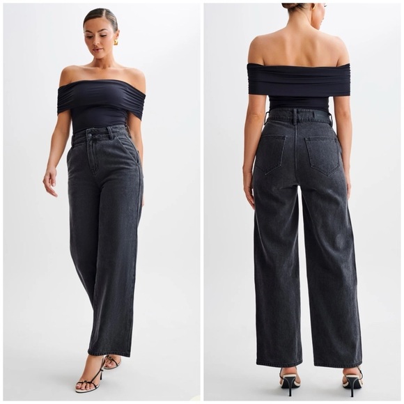 NWT MESHKI Roxy Wide Leg High Waist Denim Jeans - Washed Black - Picture 1 of 9